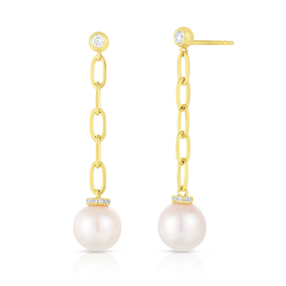 Diamond and Pearl Long Link Drop Earrings, 14K Yellow Gold- URBAETIS Fine Jewelry
