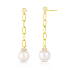 Diamond and Pearl Long Link Drop Earrings, 14K Yellow Gold- URBAETIS Fine Jewelry