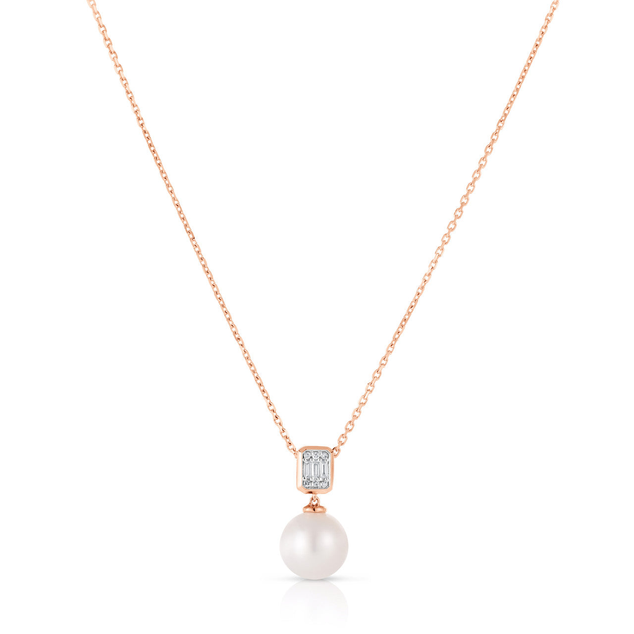 Emerald Illusion Diamond and Pearl Drop Necklace, 14K Rose Gold- URBAETIS Fine Jewelry