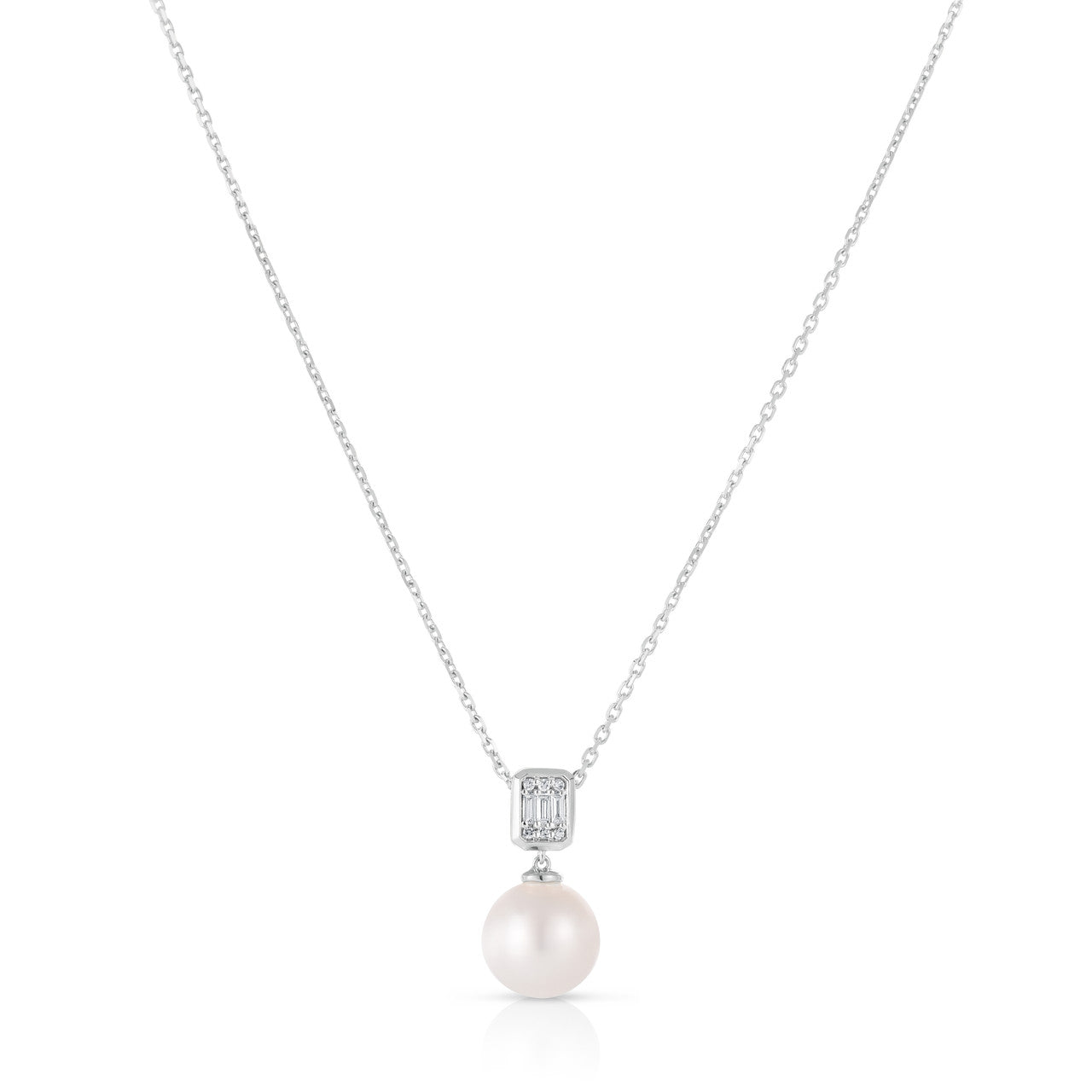 Emerald Illusion Diamond and Pearl Drop Necklace, 14K White Gold- URBAETIS Fine Jewelry