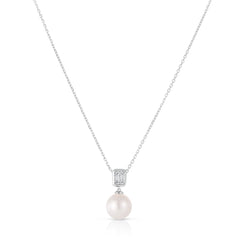 Emerald Illusion Diamond and Pearl Drop Necklace, 14K White Gold- URBAETIS Fine Jewelry
