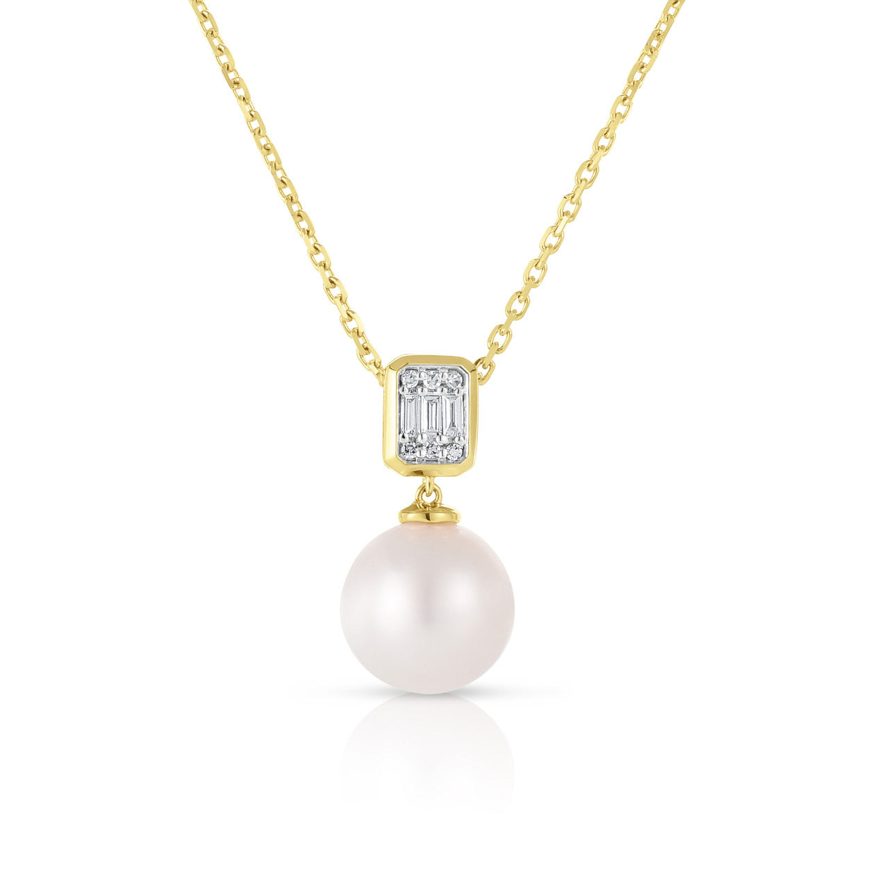 Emerald Illusion Diamond and Pearl Drop Necklace, 14K Yellow Gold- URBAETIS Fine Jewelry