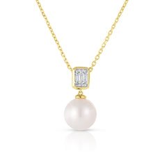 Emerald Illusion Diamond and Pearl Drop Necklace, 14K Yellow Gold- URBAETIS Fine Jewelry