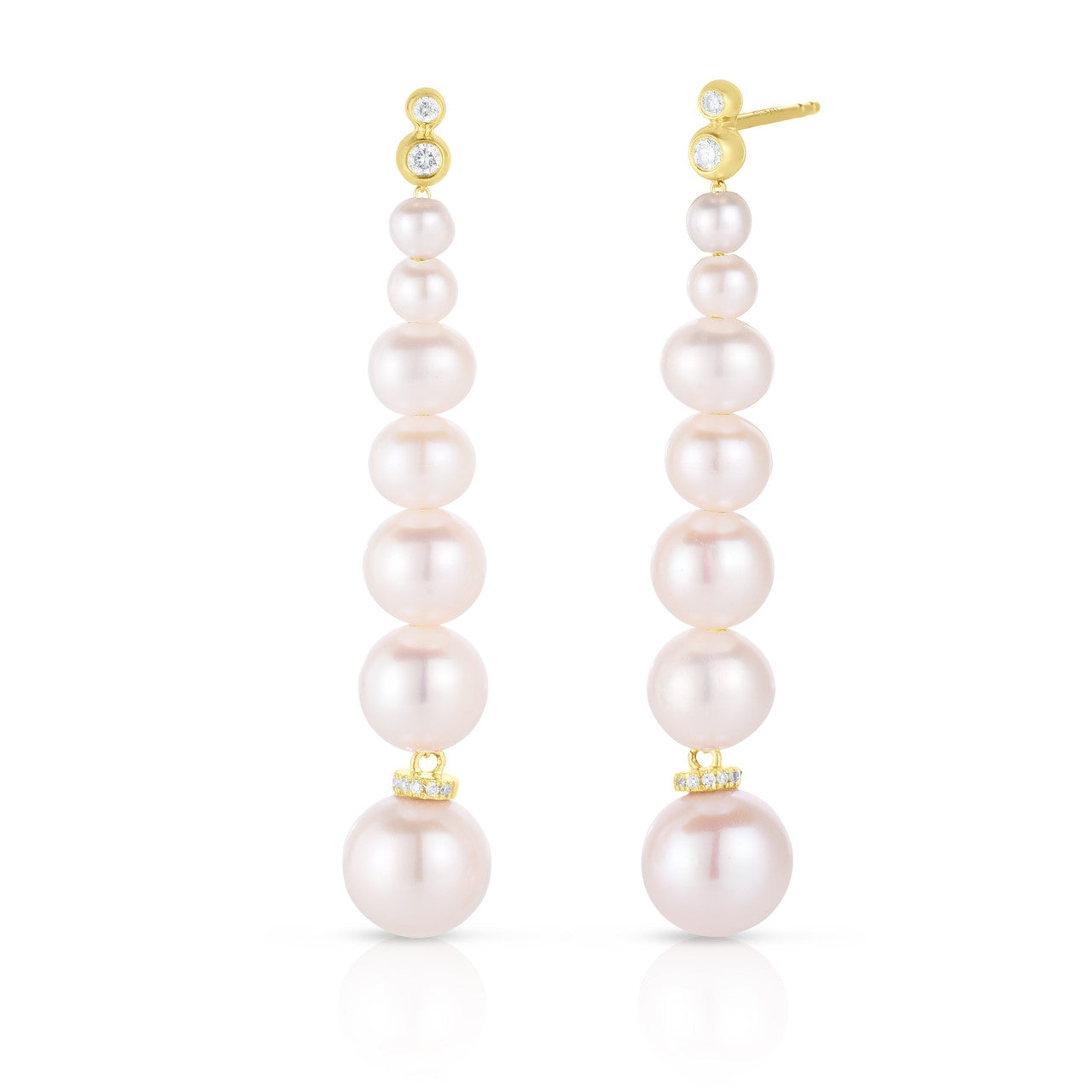 Graduating Pearl and Diamond Drop Earrings, 14K Yellow Gold- URBAETIS Fine Jewelry
