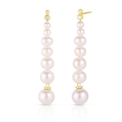 Graduating Pearl and Diamond Drop Earrings, 14K Yellow Gold- URBAETIS Fine Jewelry