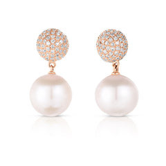 Pave Diamond Ball and Pearl Dangle Earrings, 14K Rose Gold- URBAETIS Fine Jewelry