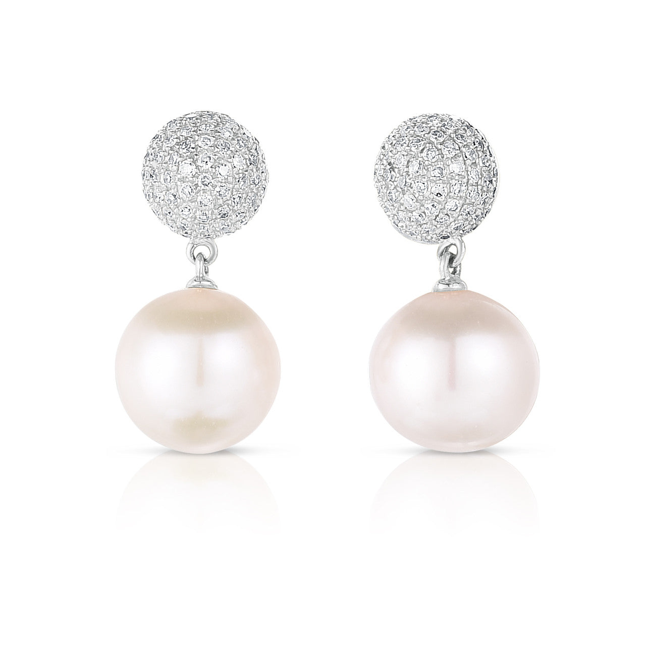 Pave Diamond Ball and Pearl Dangle Earrings, 14K White Gold- URBAETIS Fine Jewelry