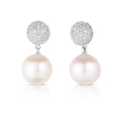 Pave Diamond Ball and Pearl Dangle Earrings, 14K White Gold- URBAETIS Fine Jewelry