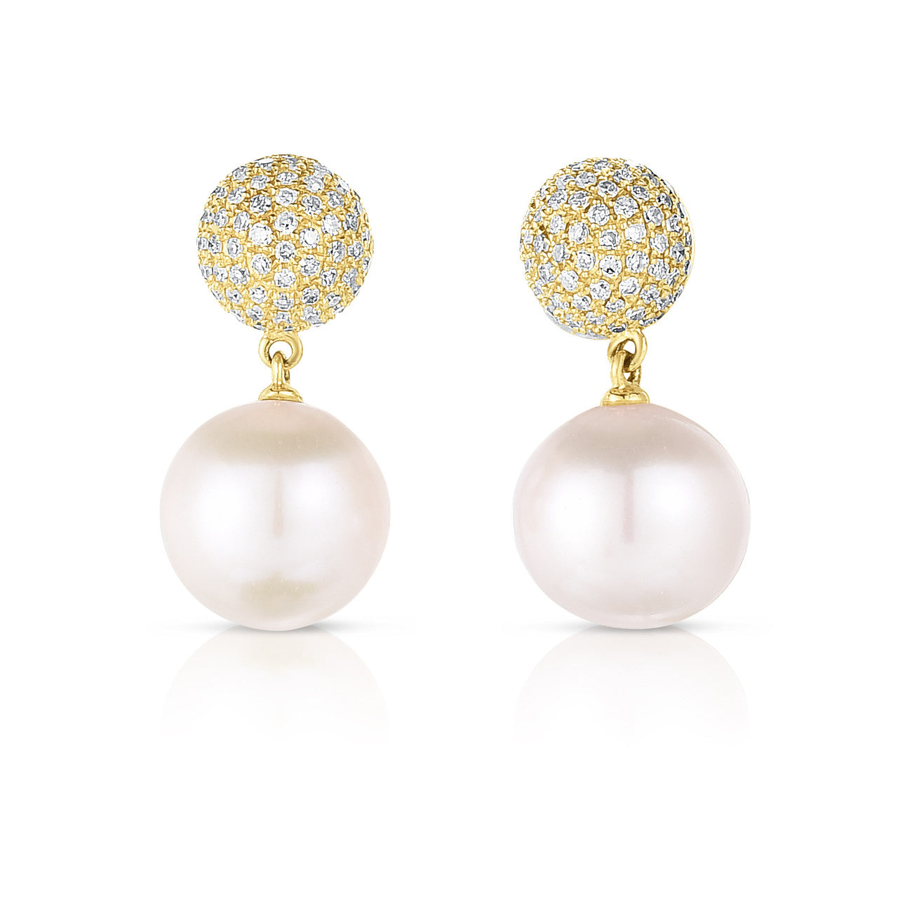 Pave Diamond Ball and Pearl Dangle Earrings, 14K Yellow Gold- URBAETIS Fine Jewelry