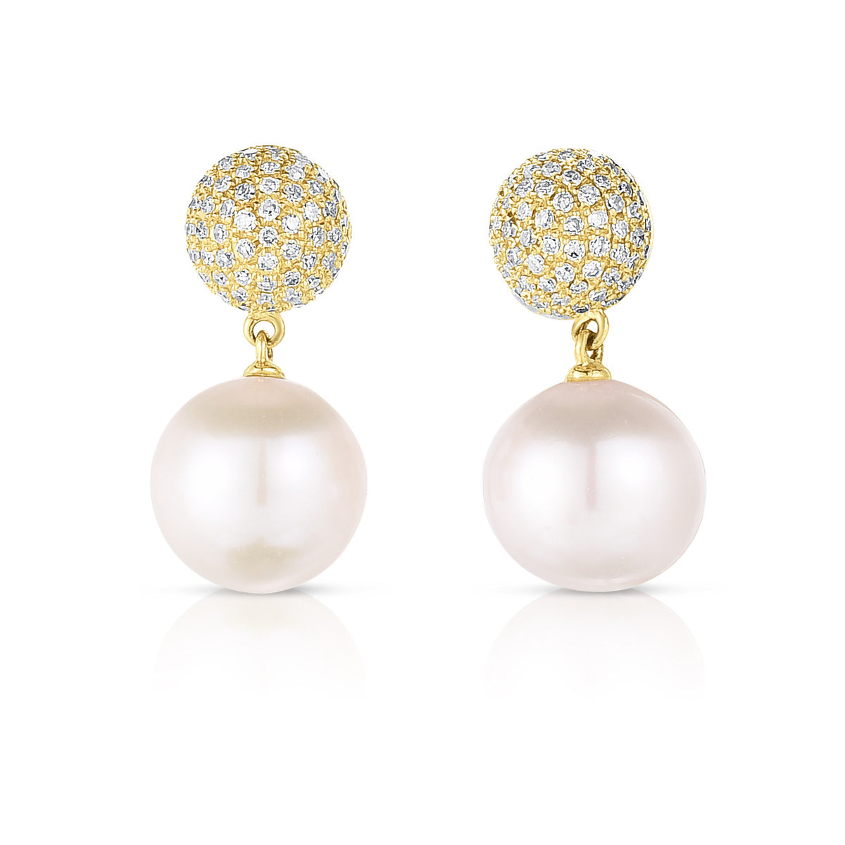 Pave Diamond Ball and Pearl Dangle Earrings, 14K Yellow Gold- URBAETIS Fine Jewelry