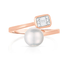 Pearl and Emerald Illusion Bypass Ring, 14K Rose Gold- URBAETIS Fine Jewelry