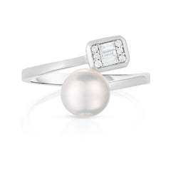 Emerald Illusion Diamond and Pearl Bypass Ring, 14K White Gold- URBAETIS Fine Jewelry