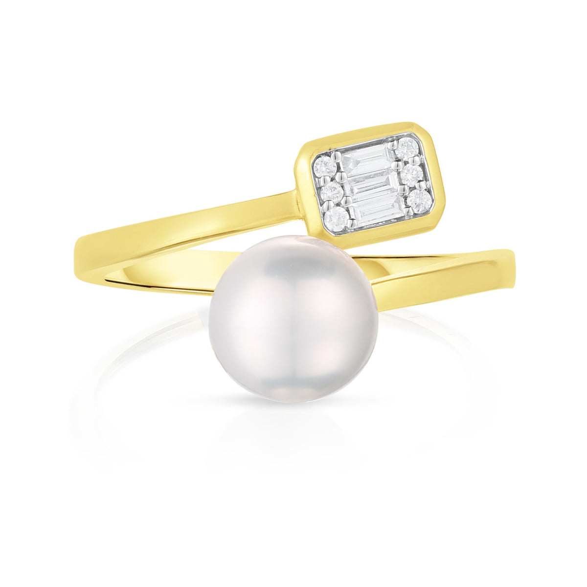 Pearl and Emerald Illusion Diamond Bypass Ring, 14K Yellow Gold- URBAETIS Fine Jewelry
