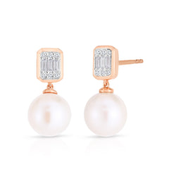 Emerald Illusion Diamond and Pearl Drop Earrings, 14K Rose Gold- URBAETIS Fine Jewelry