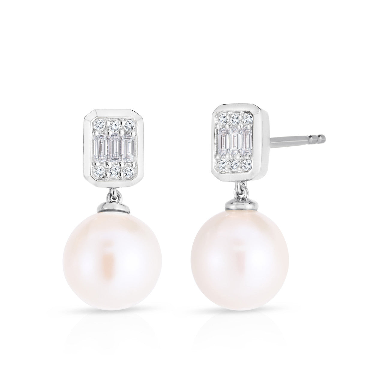 Emerald Illusion Diamond and Pearl Drop Earrings, 14K White Gold- URBAETIS Fine Jewelry