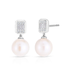 Emerald Illusion Diamond and Pearl Drop Earrings, 14K White Gold- URBAETIS Fine Jewelry