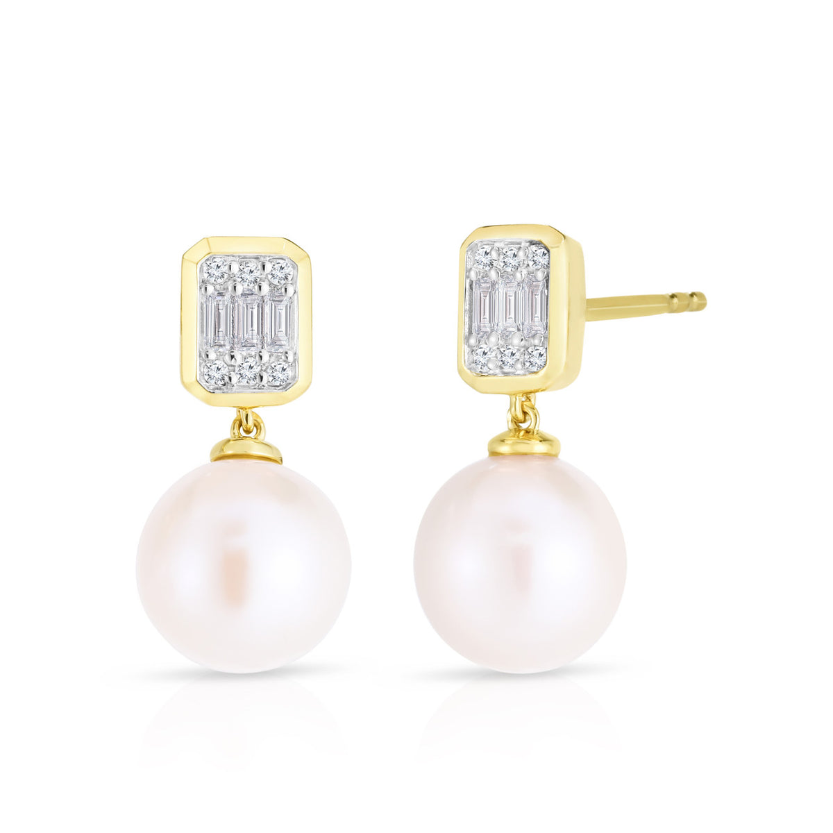 Emerald Illusion Diamond and Pearl Drop Earrings, 14K Yellow Gold- URBAETIS Fine Jewelry