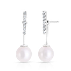 Diamond Bar and Pearl Jacket Earrings, 14K White Gold- URBAETIS Fine Jewelry