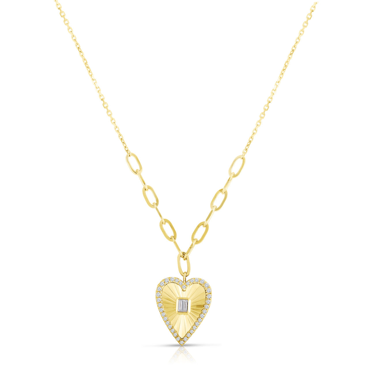 Fluted Baguette and Diamond Heart Necklace, 14K Yellow Gold- URBAETIS Fine Jewelry