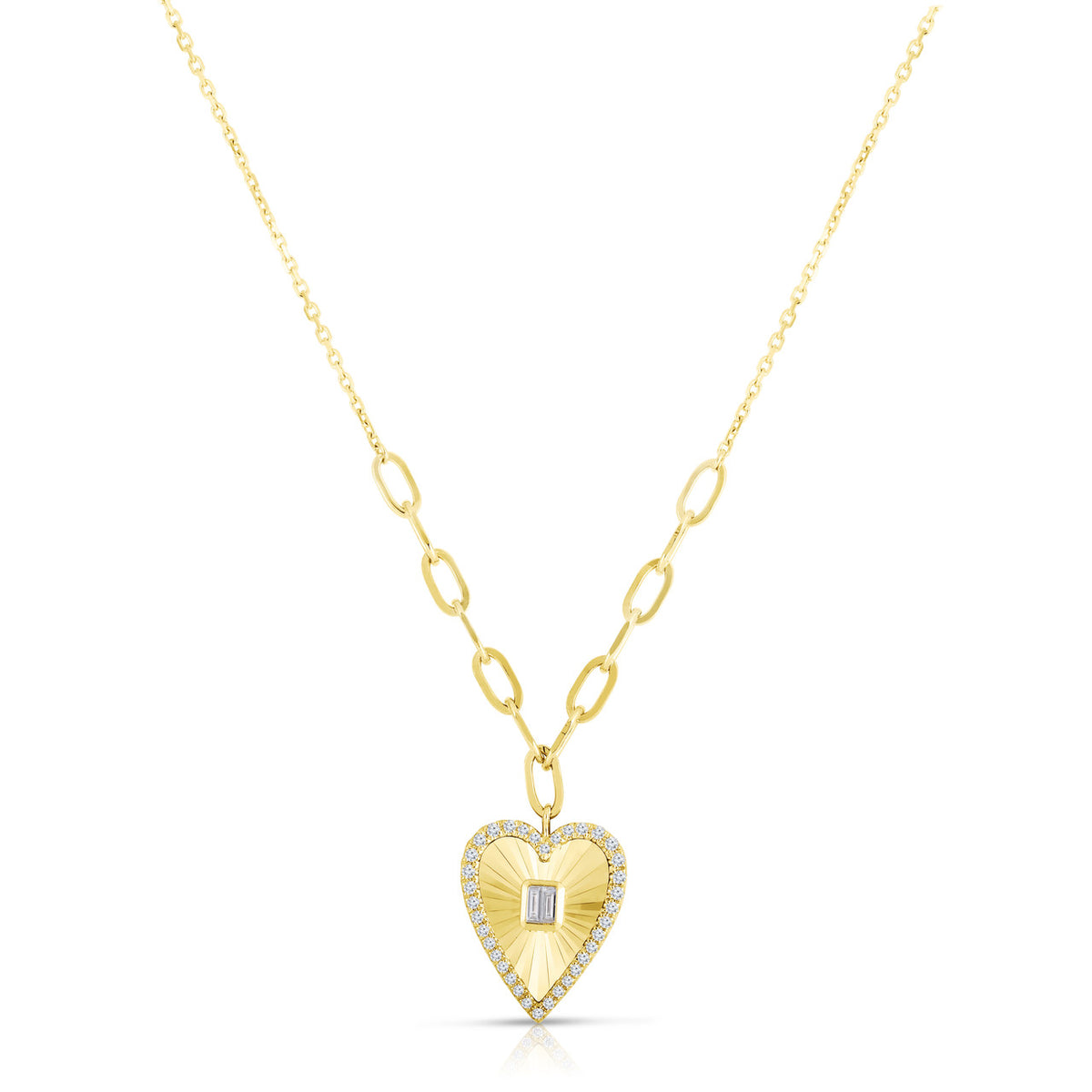 Fluted Baguette and Diamond Heart Necklace, 14K Yellow Gold- URBAETIS Fine Jewelry