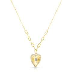 Fluted Baguette and Diamond Heart Necklace, 14K Yellow Gold- URBAETIS Fine Jewelry
