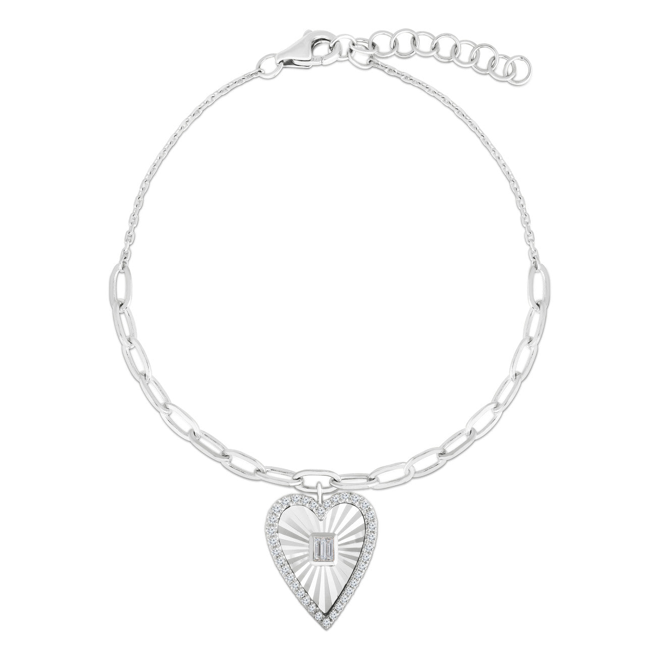 Fluted Baguette and Diamond Heart Bracelet, 14K White Gold- URBAETIS Fine Jewelry