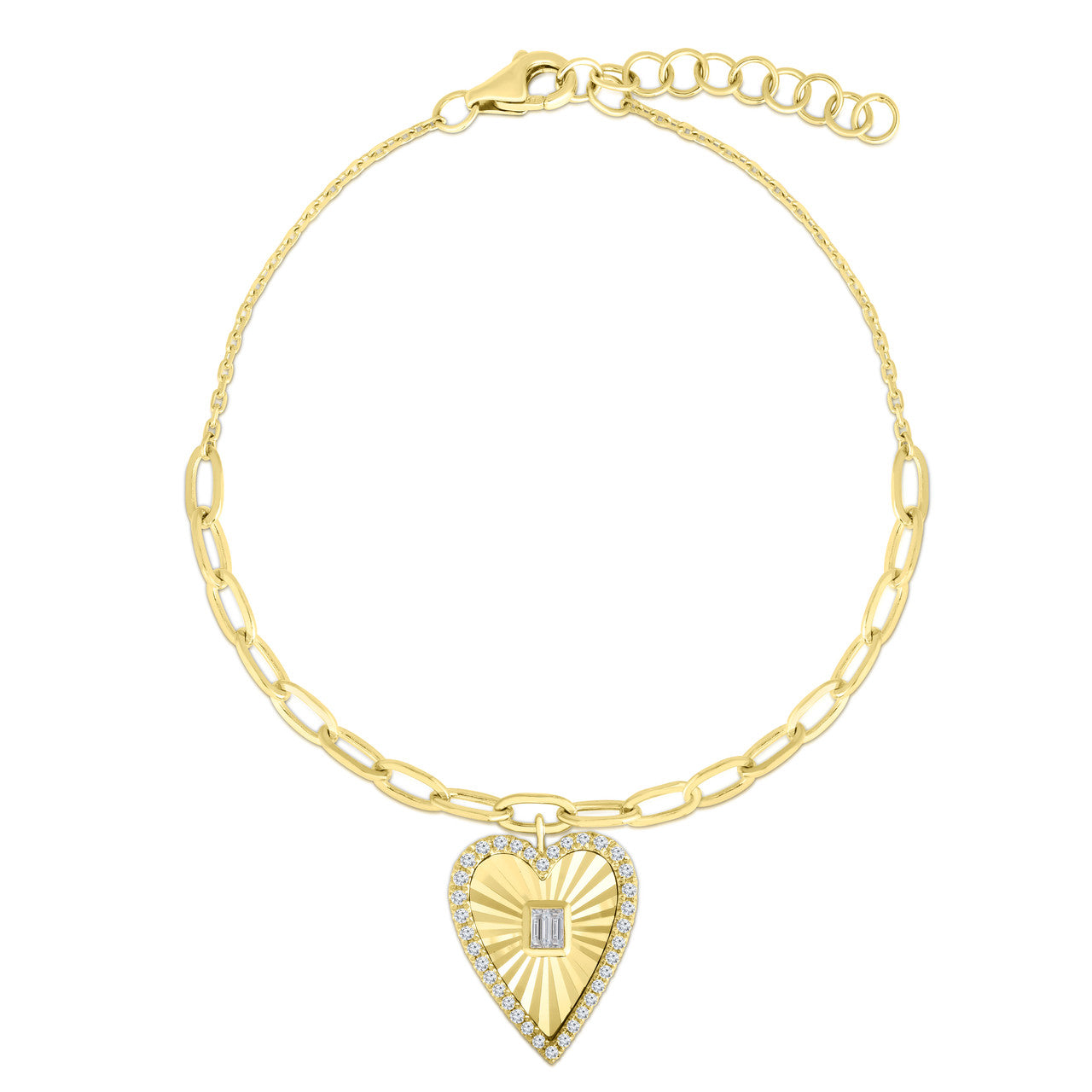 Fluted Baguette and Diamond Heart Bracelet, 14K Yellow Gold- URBAETIS Fine Jewelry