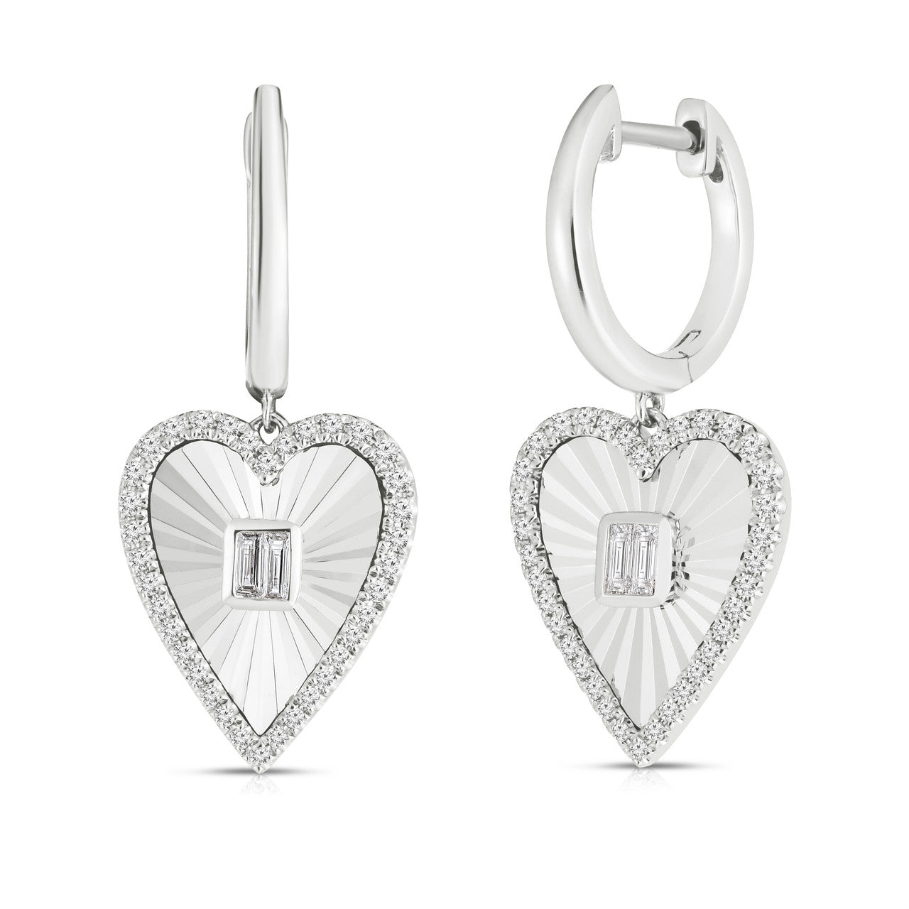 Fluted Baguette and Diamond Heart Earrings- 14K White Gold- URBAETIS Fine Jewelry