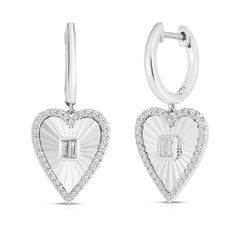 Fluted Baguette and Diamond Heart Earrings- 14K White Gold- URBAETIS Fine Jewelry