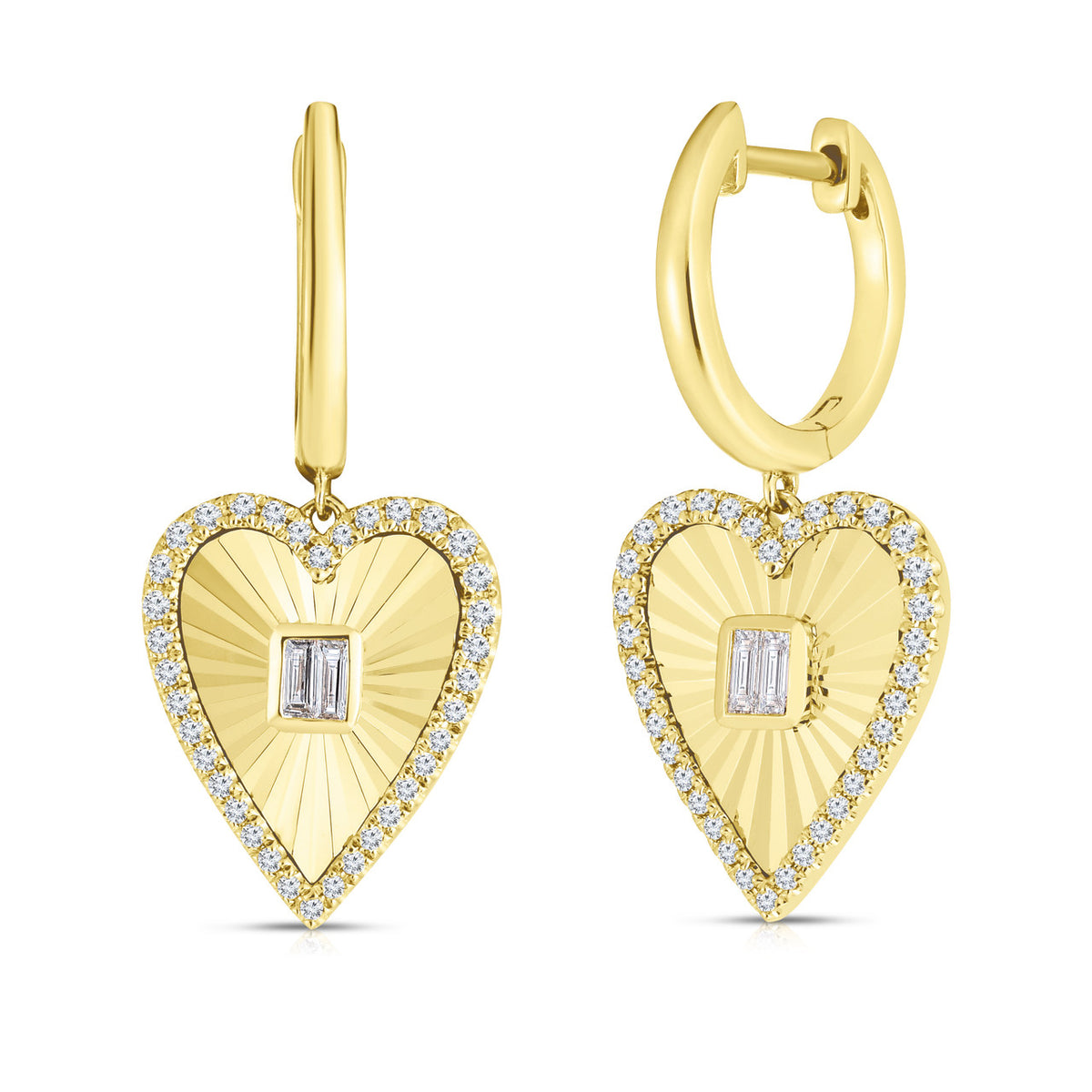 Fluted Baguette and Diamond Heart Earrings- 14K Yellow Gold- URBAETIS Fine Jewelry