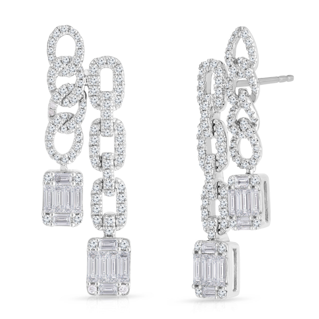 Double Chain Earrings with Emerald illusion Diamonds, 14K White Gold- URBAETIS Fine Jewelry