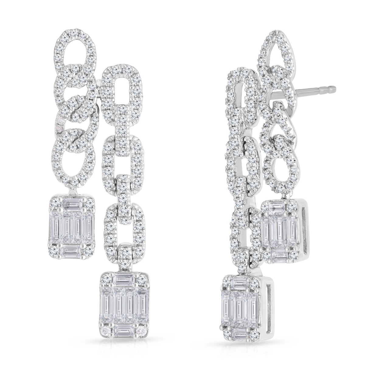 Double Chain Earrings with Emerald illusion Diamonds, 14K White Gold- URBAETIS Fine Jewelry