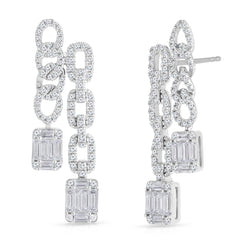Double Chain Earrings with Emerald illusion Diamonds, 14K White Gold- URBAETIS Fine Jewelry