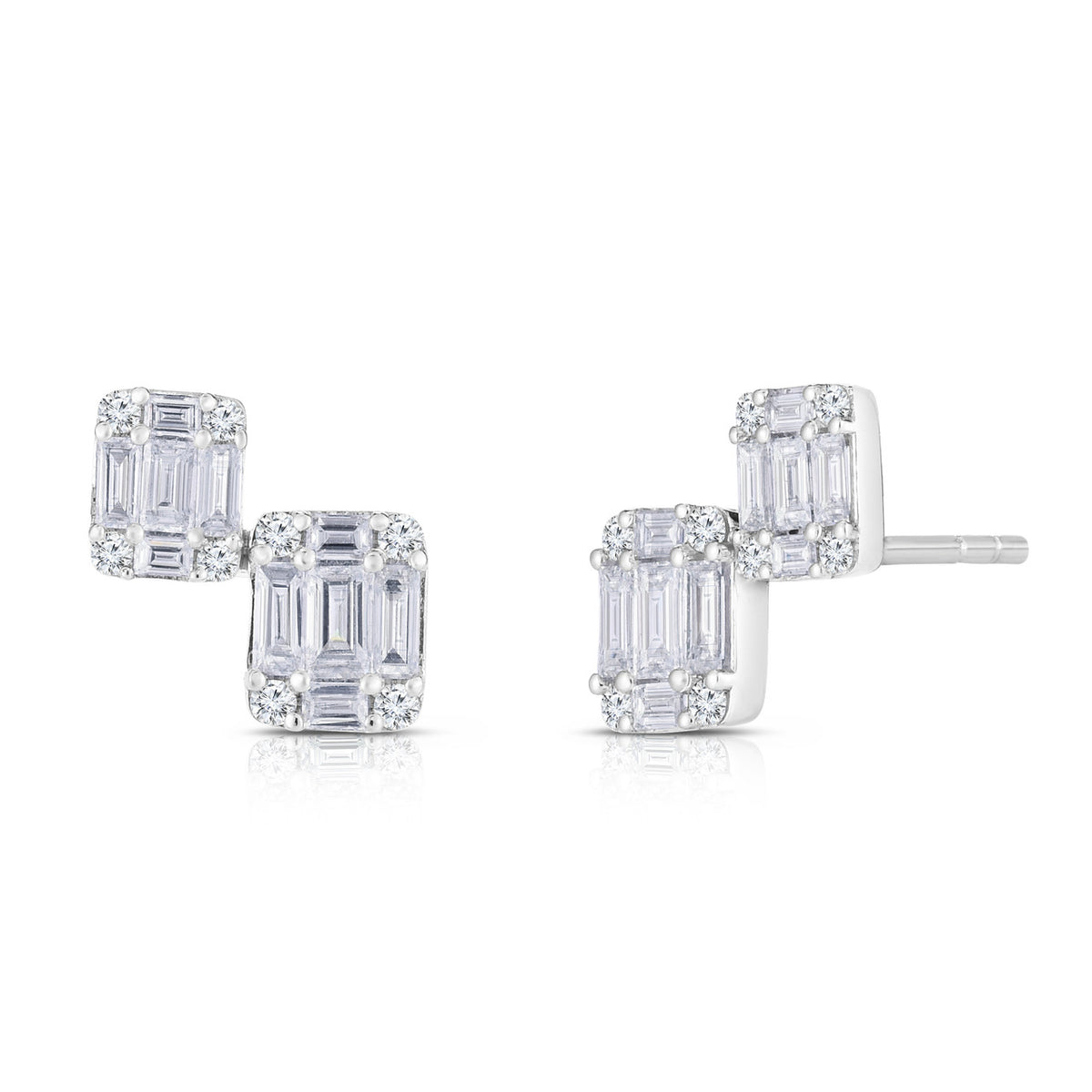 Double Emerald Illusion Stud Earrings, 14K White Gold- URBAETIS Fine Jewelry