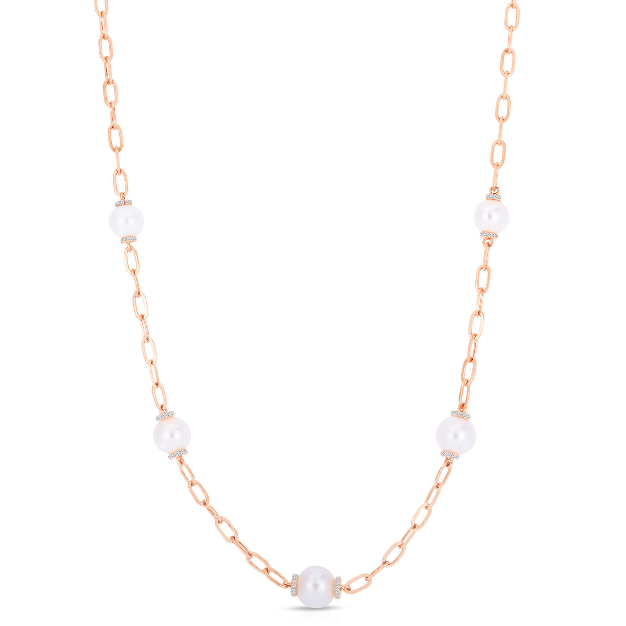 Pearl and Diamond Station Necklace, 14K Rose Gold- URBAETIS Fine Jewelry