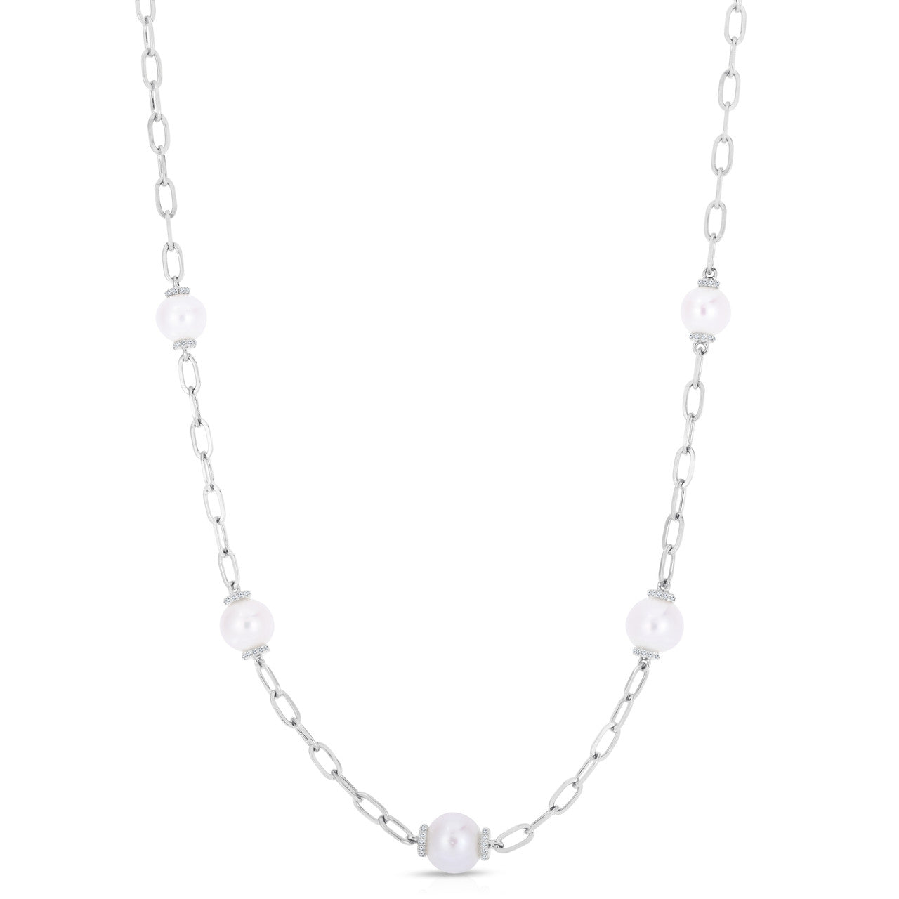 Pearl and Diamond Station Necklace, 14K White Gold- URBAETIS Fine Jewelry
