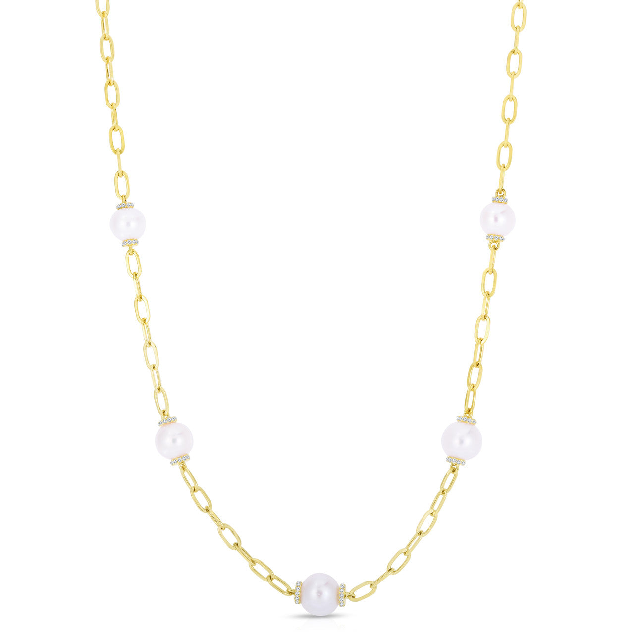 Pearl and Diamond Station Necklace, 14K Yellow Gold- URBAETIS Fine Jewelry
