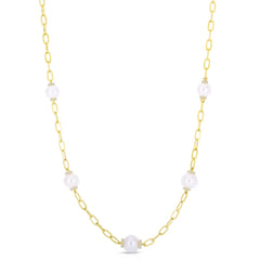 Pearl and Diamond Station Necklace, 14K Yellow Gold- URBAETIS Fine Jewelry