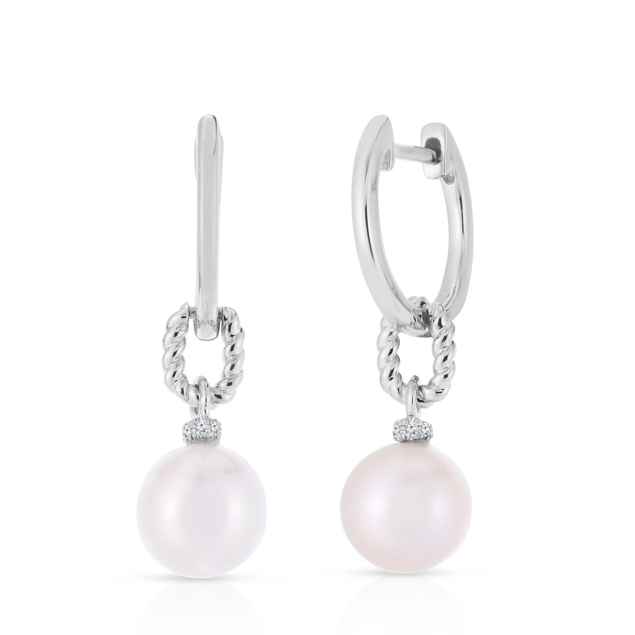 Pearl and Diamond Twisted Drop Earrings, 14K White Gold- URBAETIS Fine Jewelry