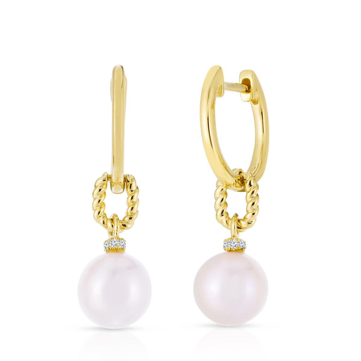 Pearl and Diamond Twisted Drop Earrings, 14K Yellow Gold- URBAETIS Fine Jewelry