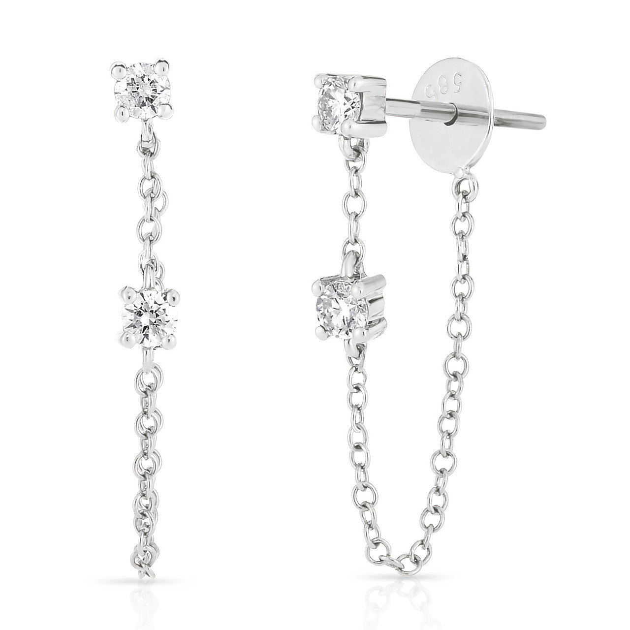 Double Diamond Drop Chain Earrings, 14k white  gold - URBAETIS Fine Jewelry