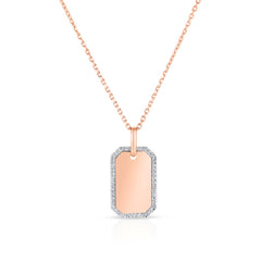 Diamond Border Dog Tag Necklace, 14k Rose Gold-URBAETIS Fine Jewelry