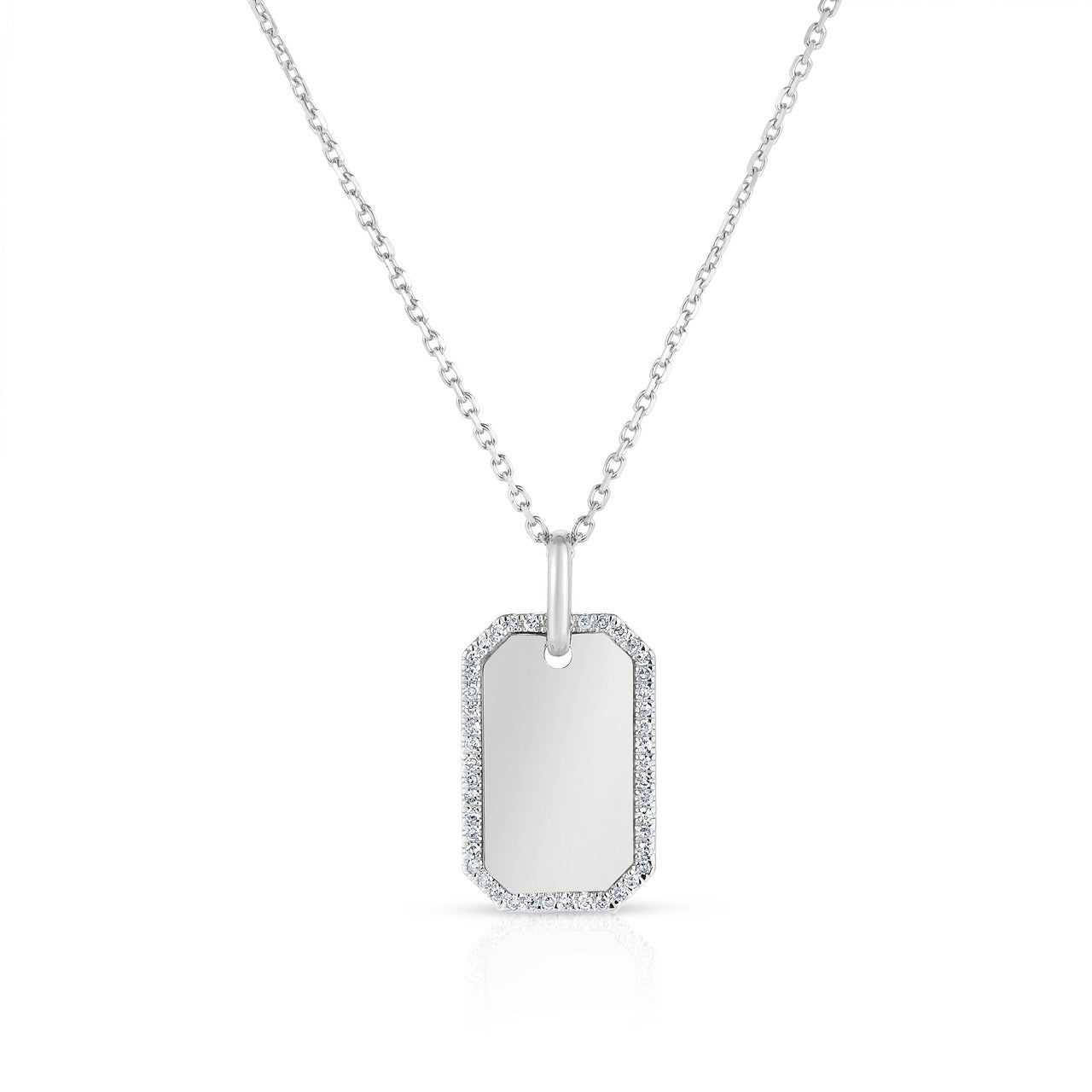 Diamond Border Dog Tag Necklace, 14K White Gold- URBAETIS Fine Jewelry