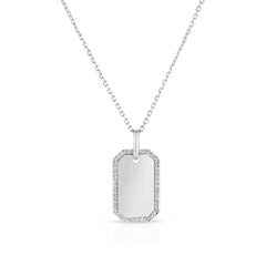 Diamond Border Dog Tag Necklace, 14K White Gold- URBAETIS Fine Jewelry