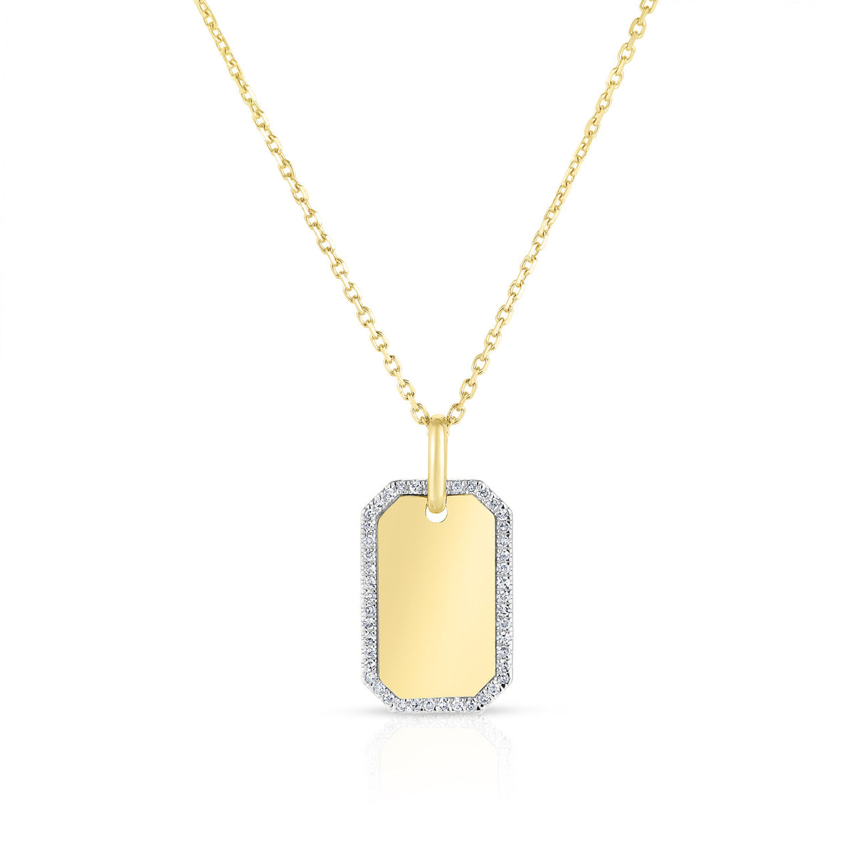 Diamond Border Dog Tag Necklace ,14K yellow gold- URBAETIS Fine Jewelry