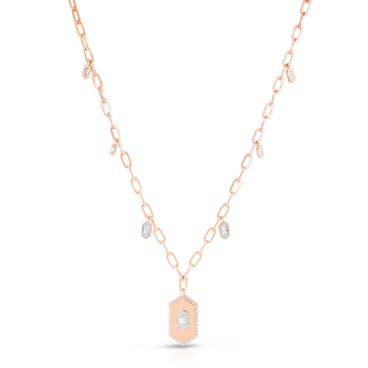 Hexagon Diamond Dangle Necklace, 14k rose gold - URBAETIS Fine Jewelry