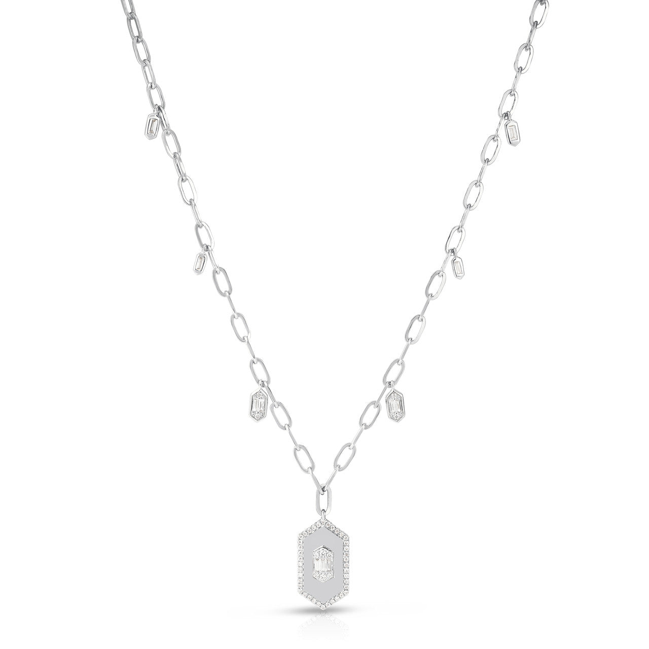 Hexagon Diamond Dangle Necklace, 14k white gold - URBAETIS Fine Jewelry