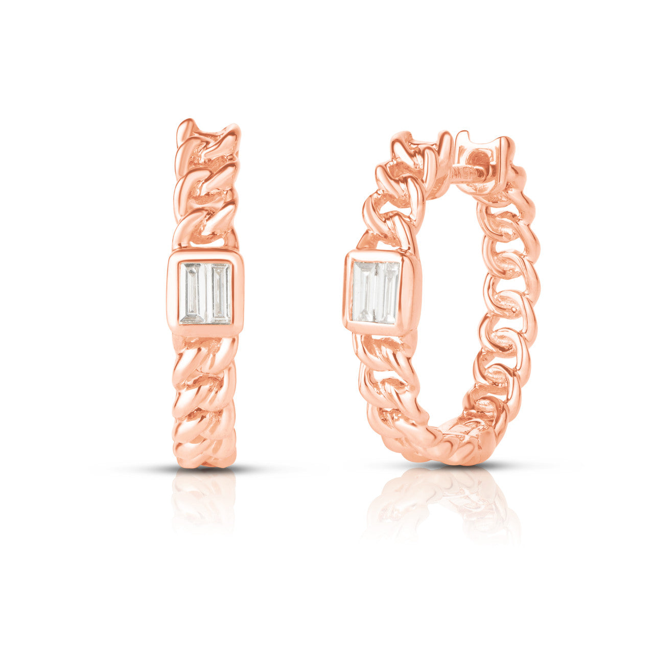 Bezel Set Baguette Curb Chain Hoops, 14K rose Golds- URBAETIS Fine Jewelry