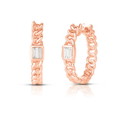 Bezel Set Baguette Curb Chain Hoops, 14K rose Golds- URBAETIS Fine Jewelry
