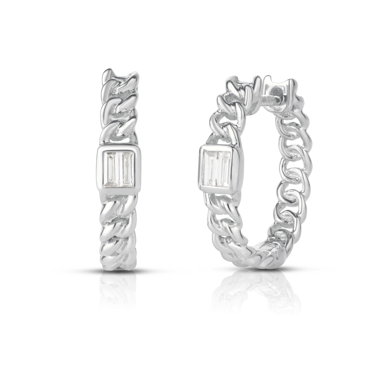 Bezel Set Baguette Curb Chain Hoops, 14K white Gold- URBAETIS Fine Jewelry